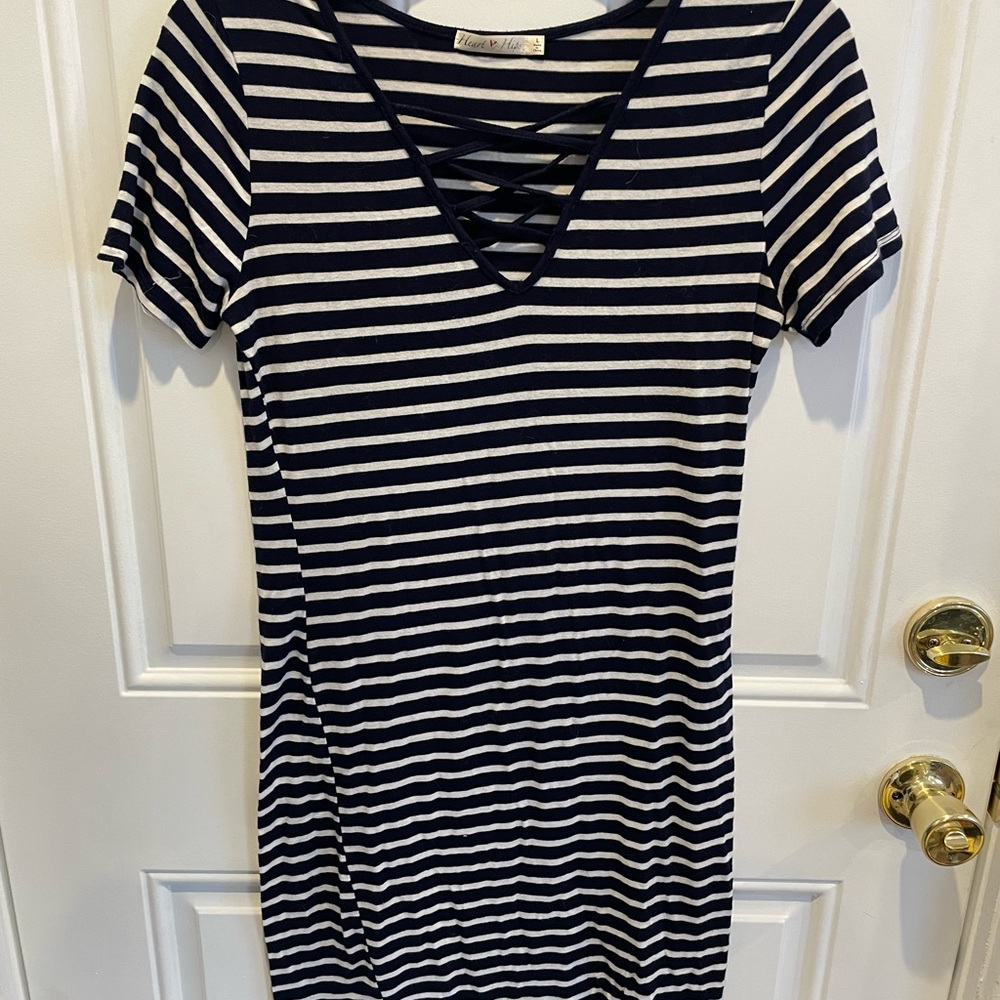 Heart & Hips Navy and White Striped Lace-Up V-Neck Midi Dress